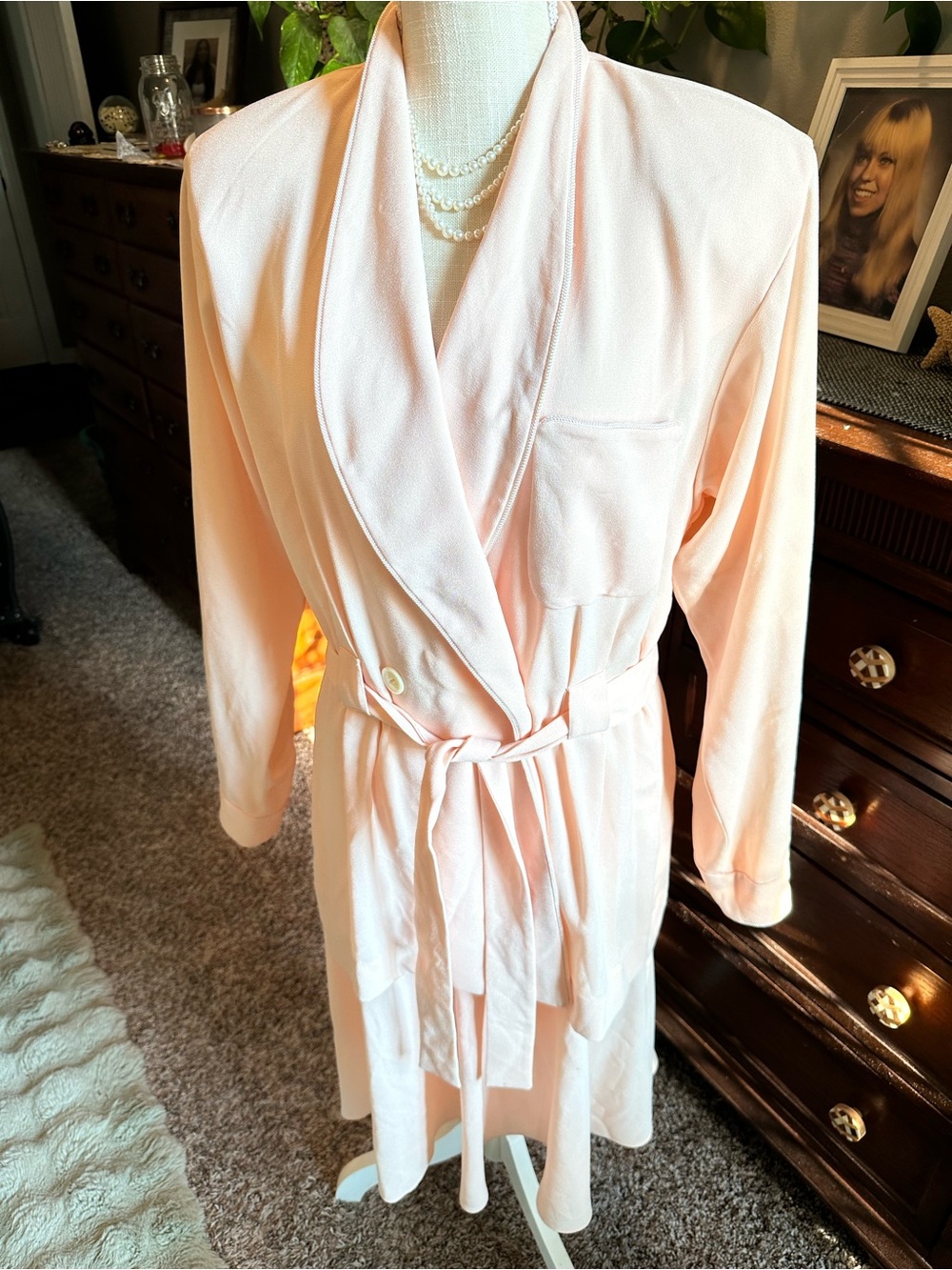 Vintage Liz Claiborne Pale Pink Shawl Collar Belted two piece set skirt and top.